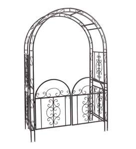 Plow  Hearth Montebello Decorative Scrollwork Metal Garden Arbor Landscape Accent with Gate Burnished Gunmetal Finish and 7 Ground Stakes 53 W x 23 D x 84 H