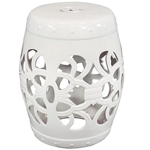 Sunnydaze Knotted Quatrefoil Ceramic Decorative Garden Stool  Modern IndoorOutdoor Glazed Round Drum Side Table  Multipurpose Accent Piece  White 18