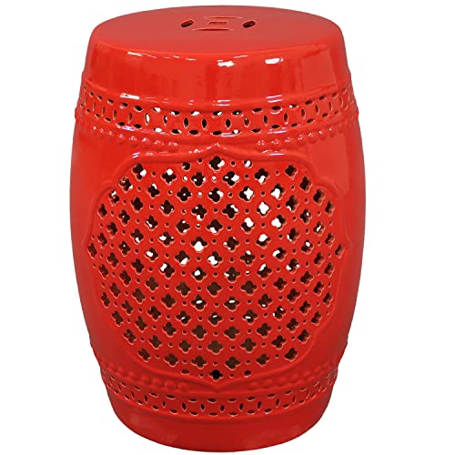 Sunnydaze Marrakesh Lattice Ceramic Decorative Garden Stool  Modern IndoorOutdoor Glazed Round Drum Side Table  Multipurpose Accent Piece  Red 1775