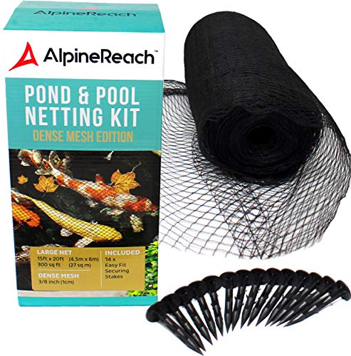 AlpineReach Koi Pond Netting Kit 15 x 20 ft Black Heavy Duty Woven Fine Mesh Net Cover for Leaves  Protects Koi Fish from Blue Heron Birds Cats  Predators  Reusable  Stakes Included
