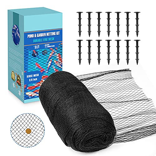 Pond Netting 15 x 20 Feet Woven Fine Mesh Netting Cover for Pond Leaves Protecting Koi Fish from Birds Cats Heavy Duty Pool Protective Netting with Gift Box (14 Stakes Included)