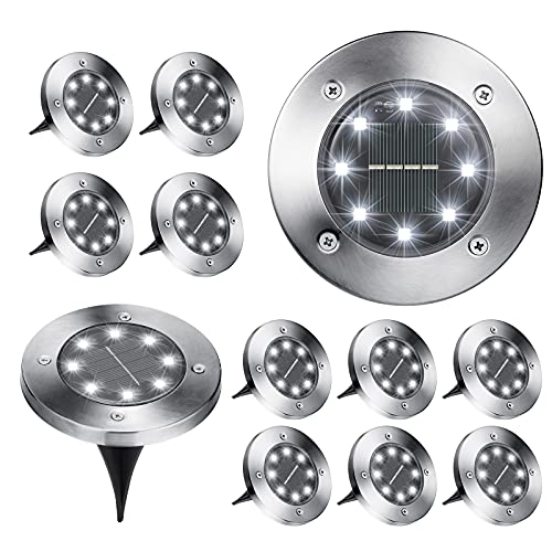 Brizled Solar Ground Lights 12 Pack 8 LED Solar InGround Lights Waterproof Solar Disk Lights Garden Lights Outdoor Landscape Lighting for Patio Pathway Lawn Yard Deck Driveway Walkway Cool White