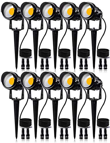 SUNVIE 12W Low Voltage LED Landscape Lights with Connectors Outdoor 12V Super Warm White (900LM) Waterproof Garden Pathway Lights Wall Tree Flag Spotlights with Spike Stand (10 Pack with Connector)