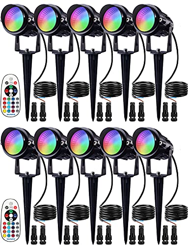 SUNVIE 12W Low Voltage Landscape Lighting RGB Color Changing LED Landscape Lights Remote Control Waterproof Spotlight Garden Patio Spotlight Decorative Lamp for Outdoor Indoor(10 Pack with Connector)