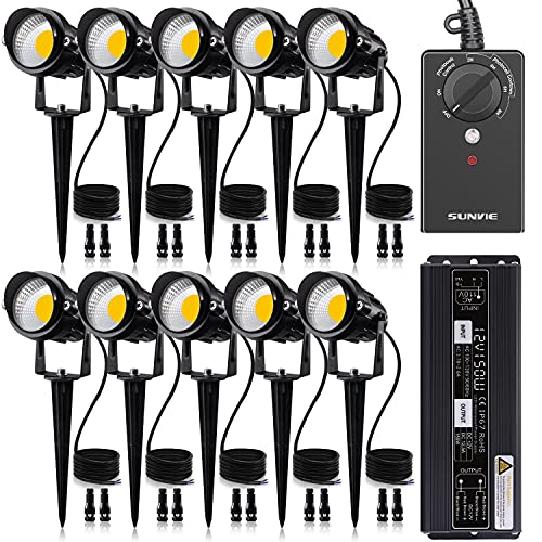 SUNVIE Low Voltage Landscape Lights Kit with Transformer and Timer 12W 1224V Outdoor LED 3000K Waterproof Landscape Lighting with Wire Connector for Garden Pathway Wall Tree ETL Listed Cord 10 Pack