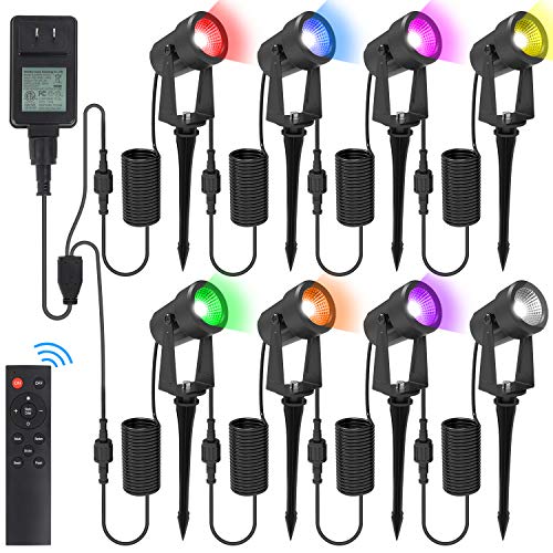 10W RGB Landscape Lighting with 8 Colors5 Modes Changing Remote Control 5V Low Voltage Transformer Quick Connectors and Wires IP65 Waterproof Led Lights for Outdoor Yard Garden