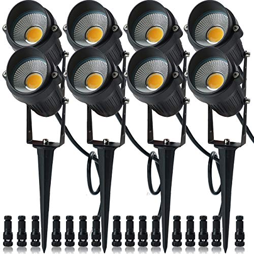ELEGLO 5W LED Landscape LightsLow Voltage Landscape Lighting12V24V IP65 Waterproof Outdoor Garden Lights for Yard Wall Driveway Patio Pathway Spotlights with Stake（8 Pack Warm White with Connector)