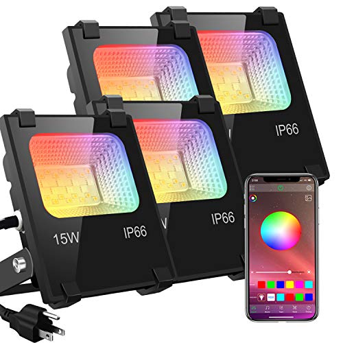 LED Flood Lights RGB Color Changing 100W Equivalent Outdoor 15W Bluetooth Smart RGB Floodlight APP Control IP66 Waterproof Timing 2700K16 Million Colors 20 Modes for Garden Stage Lighting 4 Pack