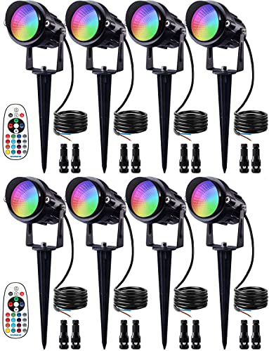 SUNVIE 12W RGB Color Changing Landscape Lights Low Voltage LED Landscape Lighting Remote Control Spotlight Waterproof Garden Pathway Christmas Decorative Lights Outdoor Indoor 8 Pack with Connector