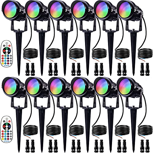 SUNVIE RGB Low Voltage Landscape Lights Color Changing 12W LED Landscape Lighting Outdoor Waterproof Spotlight Remote Control for Garden Pathway Christmas Decorative Lighting 12 Pack with Connector