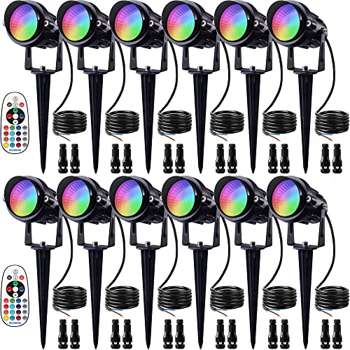 SUNVIE RGB Low Voltage Landscape Lights Color Changing 12W LED Landscape Lighting Outdoor Waterproof Spotlight Remote Control for Garden Pathway Christmas Decorative Lighting 12 Pack with Connector