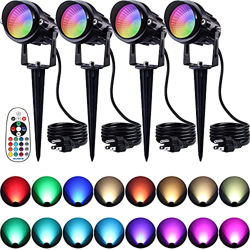 SUNVIE RGB Outdoor LED Spotlight 12W Color Changing Landscape Lights with Remote Control 120V RGB Landscape Lighting Waterproof Spot Lights with Plug for Outdoor Yard Tree Garden Decorative 4 Pack
