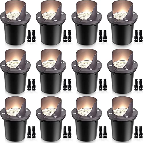 SUNVIE 12 Pack Low Voltage Landscape Lights 12W LED Outdoor InGround Lights Waterproof Shielded Well Lights 12V24V Warm White Paver Lights with Wire Connectors for Pathway Garden Yard Fence Deck