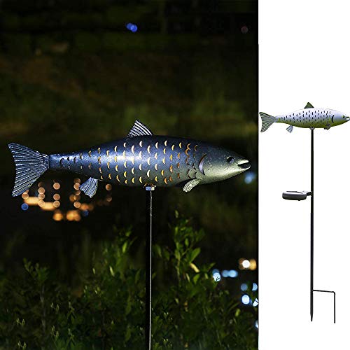 KAIXOXIN Solar Garden Lights Metal Fish Decorative Stake for Outdoor Patio Yard DecorationsWarm White LED Solar Path Lights (Silver2)