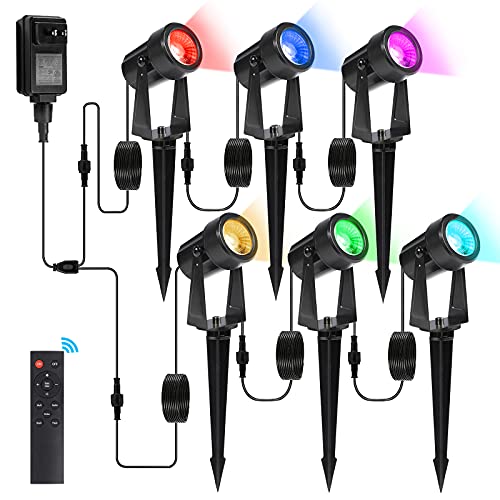 Pikapi Outdoor RGB Landscape Lights Color Changing Plug in Remote Control 27V Low Voltage 20M66FT IP65 Waterproof LED Spotlights with Transformer for Pathway Garden Backyard Tree Flag (6 in 1)