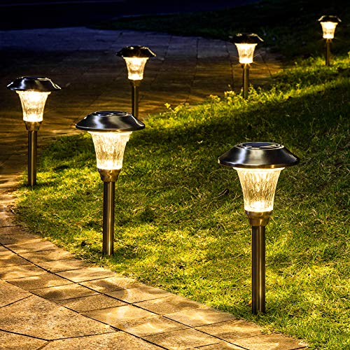 GIGALUMI 8 Pack Solar Pathway Lights Solar Pathway Lights Outdoor Warm White Waterproof Glass Stainless Steel Automatic Solar Landscape Lights for Patio Yard Lawn Garden and Path (Silver Finish）