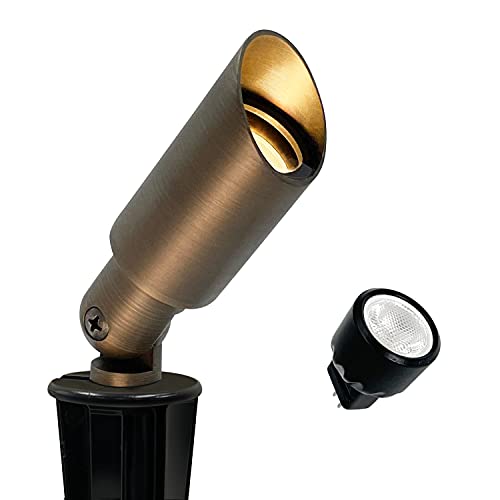 GKOLED Mini Size Brass Landscape Spotlight Low Voltage 12V ACDC Outdoor Directional Up Light 180 Lumens 3W MR8 LED Bulb ABS Ground Stake Included 2700K Warm White Garden Patio Trees Spot Uplight