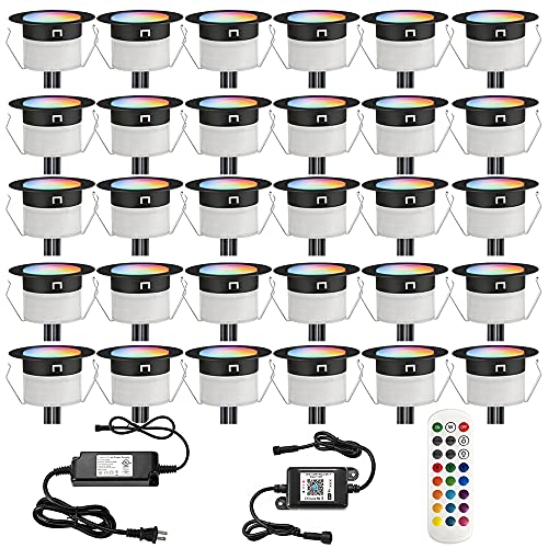 LED Deck Lights Kit FVTLED 30pcs Φ122 WiFi Smart Phone Control Low Voltage Recessed RGBW Deck Lighting Waterproof Outdoor Yard Path Stair Decor Black