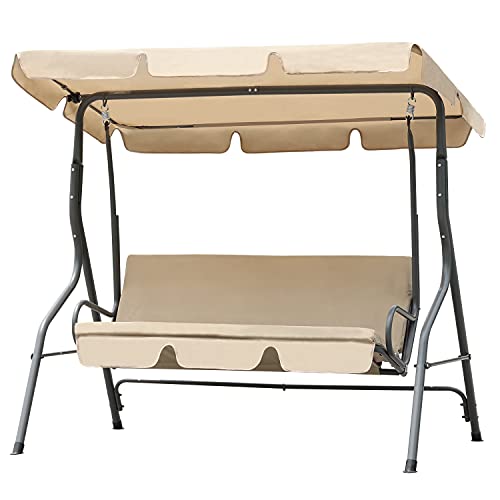 Aoodor Outdoor Patio Porch Swing with Adjustable Canopy Weather Resistant Glider with Removable Cushions 3 Seater  Brown