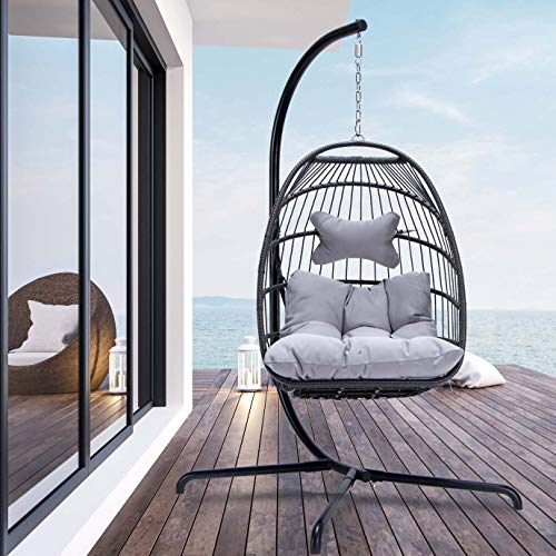 NICESOUL Indoor Outdoor Patio Wicker Hanging Chair Swing Hammock Egg Chairs UV Resistant Cushions with Aluminum Frame 350lbs Capaticy for Patio Bedroom Balcony (Grey)
