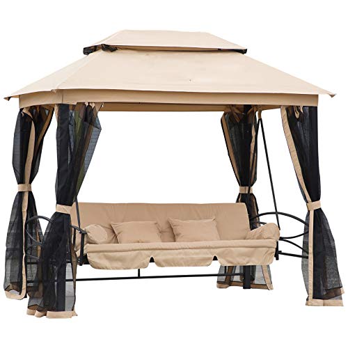 Outsunny 3 Person Outdoor Patio Swing Chair Bench Daybed Gazebo with Double Tier Canopy Cushioned Seat Mesh Sidewalls Beige