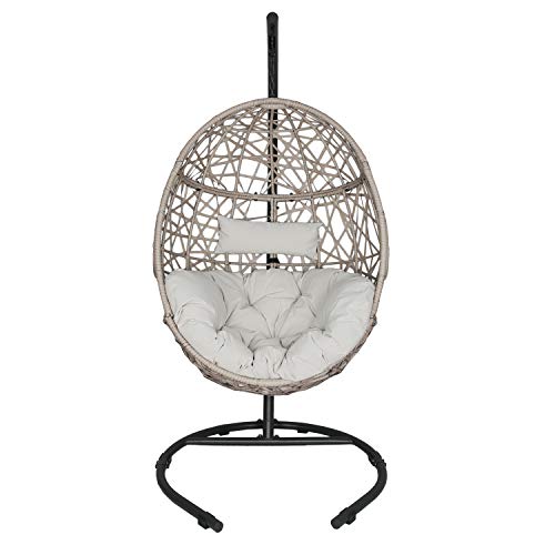 Ulax Furniture Outdoor Patio Wicker Hanging Basket Swing Chair Tear Drop Egg Chair with Cushion and Stand (Beige)