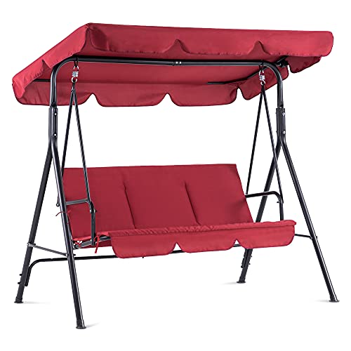Mcombo 3Person Outdoor Patio Swing Chair Convertible Canopy Hanging Swing Glider Lounge Chair Removable Cushions 4003 (Red)