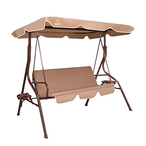 Nice C Patio Swing Chair Porch Swings Bench Canopy Glider with Adjustable Tilt Extra Thick Removable Cushion (Khaki)