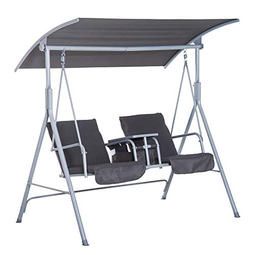 Outsunny 2 Person Porch Covered Swing Outdoor with Canopy Table and Storage Console Grey