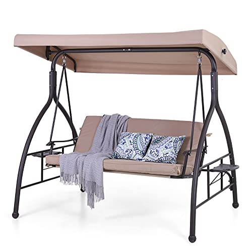 PHI VILLA 3Seat Patio Swing with CanopyOutdoor Swing with Retractable Side Table and Removable CushionPorch Swing ChairBench for Patio Garden Poolside Balcony BackyardAlloy Steel FrameBrown