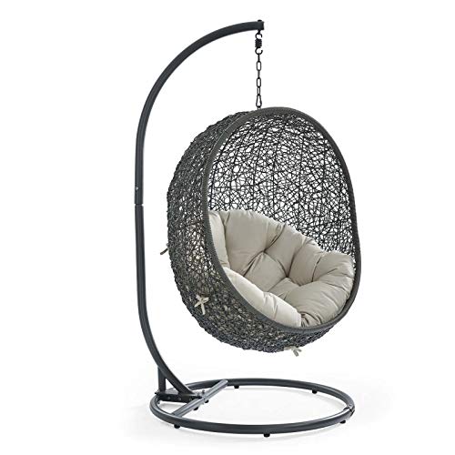 Modway EEI2273GRYBEI Hide Wicker Rattan Outdoor Patio Porch Lounge Egg Set Swing Chair with Stand Beige