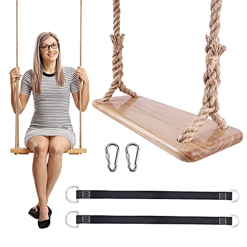 Premkid Hanging Wooden SwingSwing Seat 24x 8Adjustable Hemp Rope Plus Tree Straps 80 inchTree Swing for AdultsRope Swing for TreeWooden Porch Swing Sets for BackyardIndoor  Outdoor