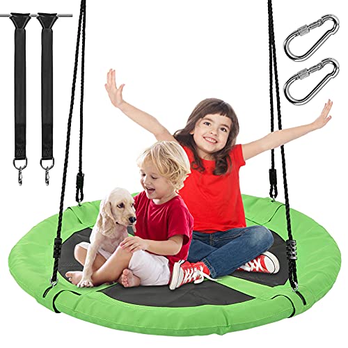 Soumns 40 Flying Saucer Tree Swing for Kids Round Outdoor Swing Set with Carabiners 900D Oxford Fabric 700 lbs for Yard (Hanging Straps Swing Frame Optional) (Green with Carabiners  Straps)