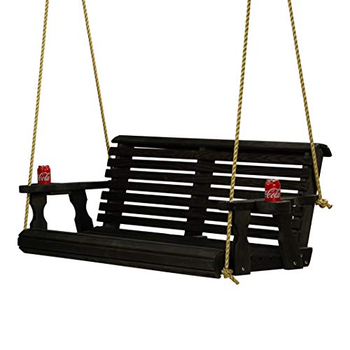Amish Heavy Duty 800 Lb Roll Back Treated Porch Swing with Hanging Ropes and Cupholders (5 Foot SemiSolid Black Stain)