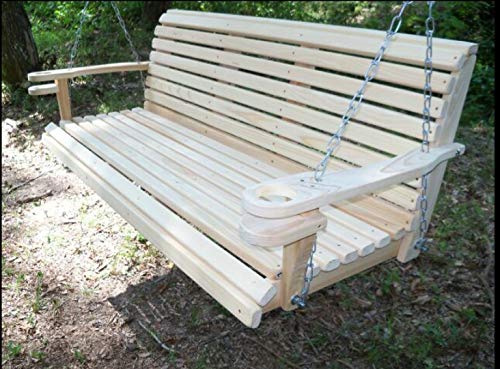 Ecommersify Inc 5 Ft USA Made Cypress Roll Back Porch Swing with SwingMate Comfort Springs and Cup Holder Arm and Stainless Steel Hardware Upgrade