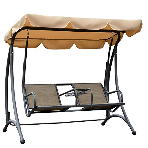 Outsunny 2Person Outdoor Swing for Patio Swing Bench with Adjustable Tilt Canopy Cup Holder and Storage Tray Steel Frame Brown