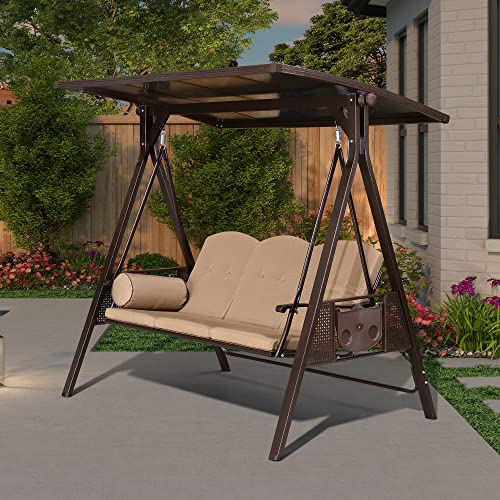PURPLE LEAF Outdoor Patio Porch Swing with Adjustable PVC Canopy 3seat Swing Chair Bench with Side Cup Holder for Backyard Front Porch Lawn Cushions and Pillow Included Beige