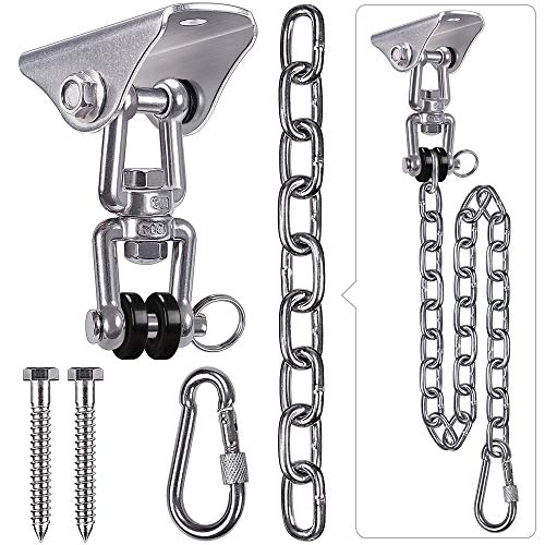 SELEWARE Hammock Hanging Kit Swing Hanger with 39 Chain and Carabiner 360°Rotation Indoor  Outdoor Hammock Chair Porch Swing Set Hardware 2 Screws for Wooden Set Silver