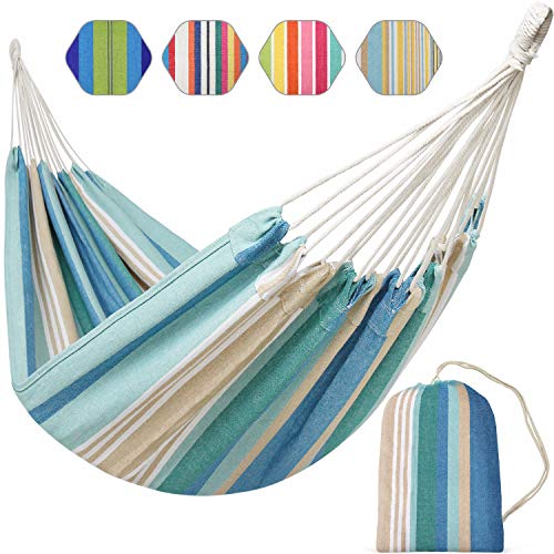 Brazilian Hammock Cotton Hammock Portable Blue Hammock with Carry Bag for Backyard Porch Outdoor and Indoor Use Blue  Green Stripes