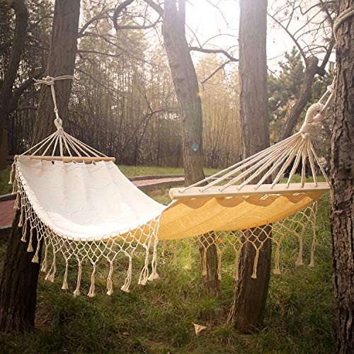 Canvas Fabric Hammock with Wood Spreader Bar and Fringed Macrame Handmade Boho Large Brazilian Macrame Fringe Hammock for Indoor Outdoor Patio Porch Yard Hiking Travel Decor