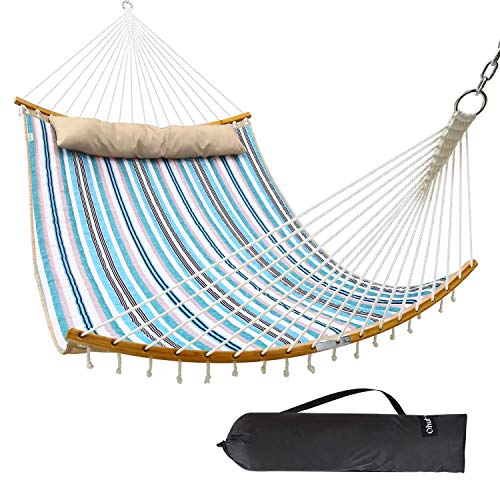 Double Hammock Swing Quilted Fabric Ohuhu 2 Person 11 FT Portable Hammocks with Folding Bamboo Spreader Bar  Pillow Large Hammock Bed for Indoor Outdoor Tree Hammock for Yard Porch Garden Balcony
