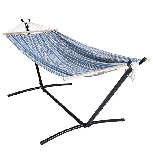 OUTDOOR WIND 550lbs Capacity Double Hammock Adjustable Hammock Bed with Heavy Duty Steel Stand and Spreader Bars Includes Portable Carrying Case Easy Set up