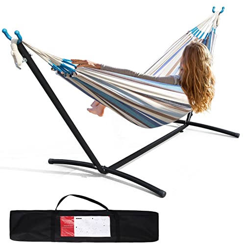 FDW Hammock with Heavy Duty Steel Stand Double Hammock Portable Hammock with Carrying Case for Yards Beaches Parks Balconies