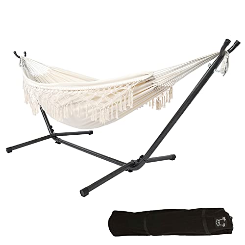 ONCLOUD Macrame Hammock with Stand Included Boho Fringe Hammock with 9ft Steel Stand Heavy Duty Space Saving Hammock Frame with Carrying Bag Off White