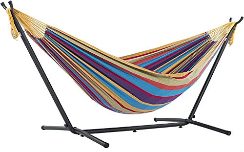 Vivere Double Cotton Hammock with Space Saving Steel Stand Tropical (450 lb Capacity  Premium Carry Bag Included)