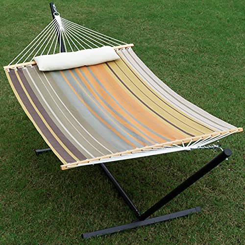 Gafete Waterproof 2 Person Hammock with Stand Included Heavy Duty Textilene Double Hammock with Pillow for Outdoor Max 475lbs Capacity Quick Dry (Coffee)