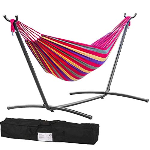 Hammock with Stand Premium Cotton Hammock with Space Saving Steel Stand Patio Tree Outdoor Hammock Portable Carrying Bag Included (Caribbean Red)