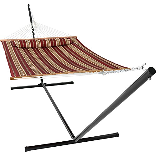 Sunnydaze 2 Person Freestanding Quilted Fabric Spreader Bar Hammock with 15Foot StandIncludes Detachable Pillow 400 Pound Capacity Red Stripe