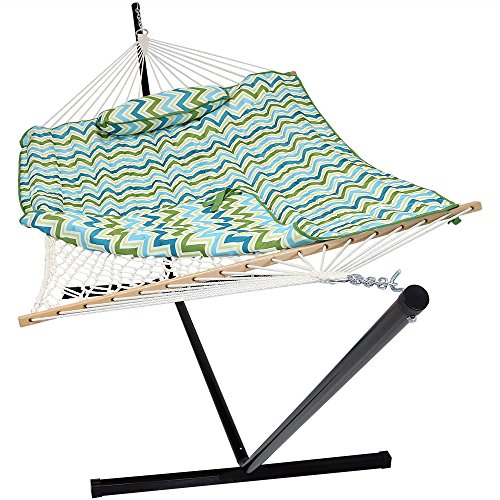 Sunnydaze Cotton Rope Freestanding Hammock with 12 Foot Portable Steel Stand and Spreader Bar Pad and Pillow Included Blue  Green Chevron