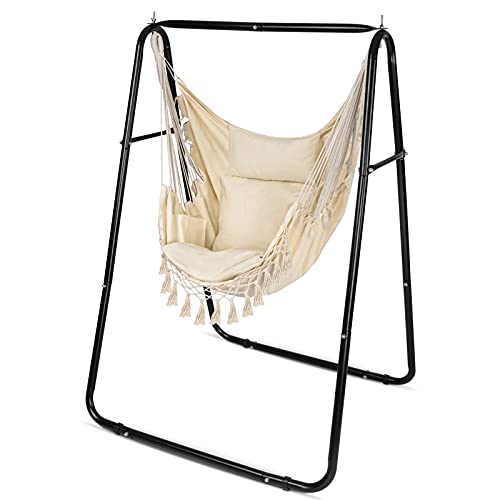 XCSOURCE Hammock Chair with Stand Hammock Chair Swing with 3 Cushions Hanging Chair StandMax Capacity 500 LBSHeavy Duty Steel Solid Stand for Swing ChairSuitable for IndoorOutdoor (Beige)